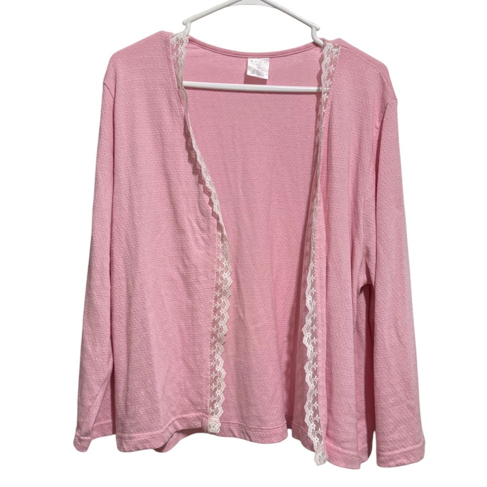 Avon Cardigan Womens 2X Pink Lace Trim Pointelle Open Front Vintage Loungewear